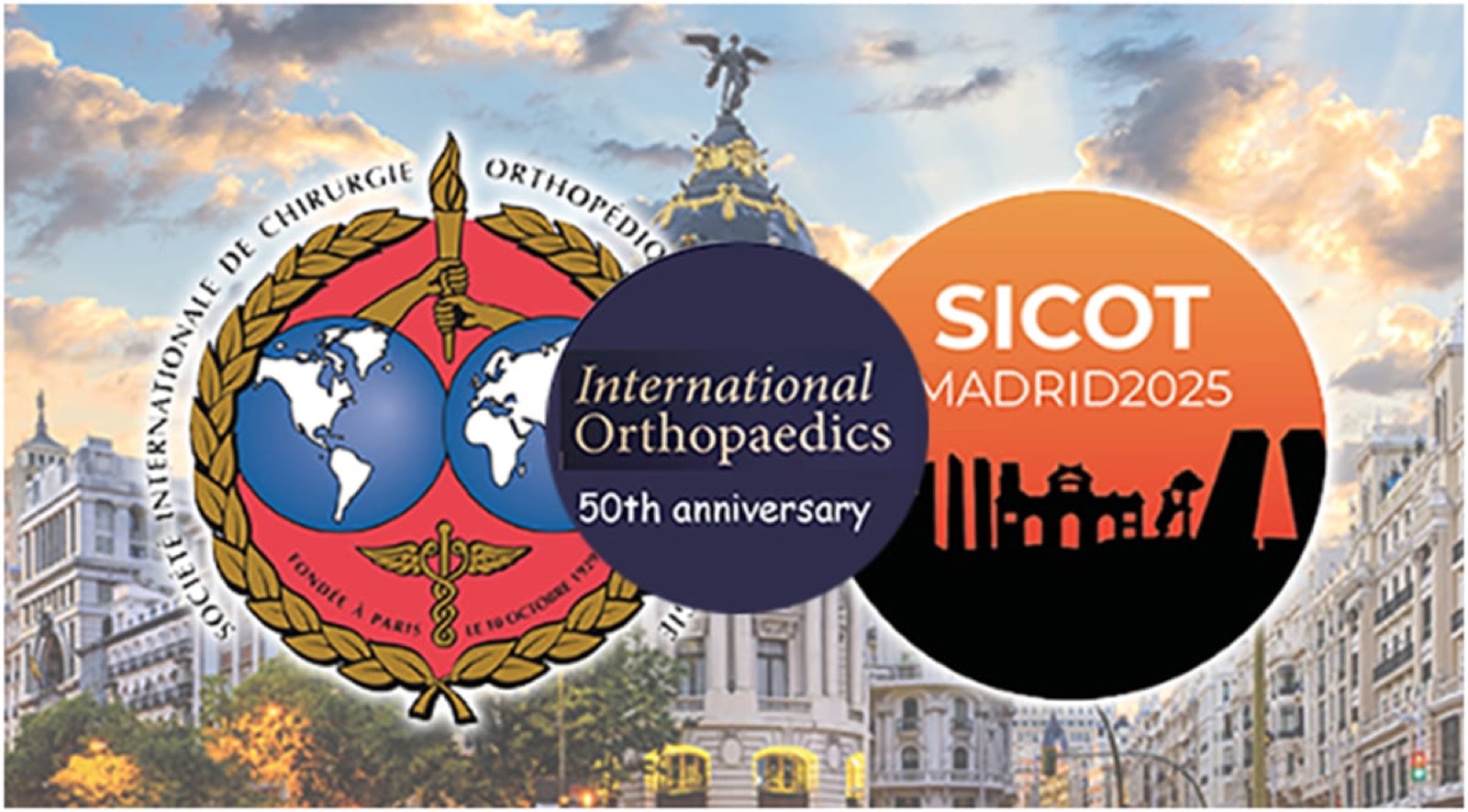 SICOT Madrid 2025 congress logo beside the SICOT emblem and the International Orthopaedics 50th anniversary mark